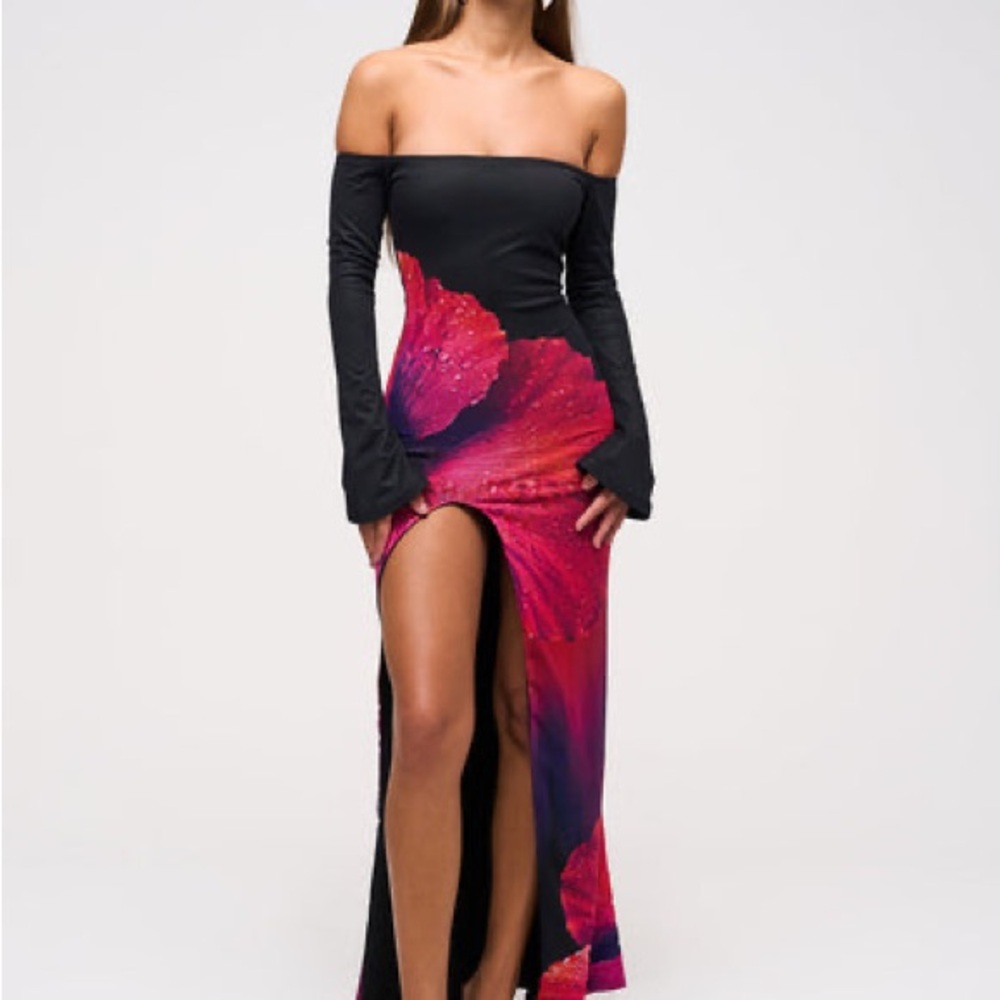 Off-Shoulder Long Sleeve Black & Fuchsia Floral Maxi Dress